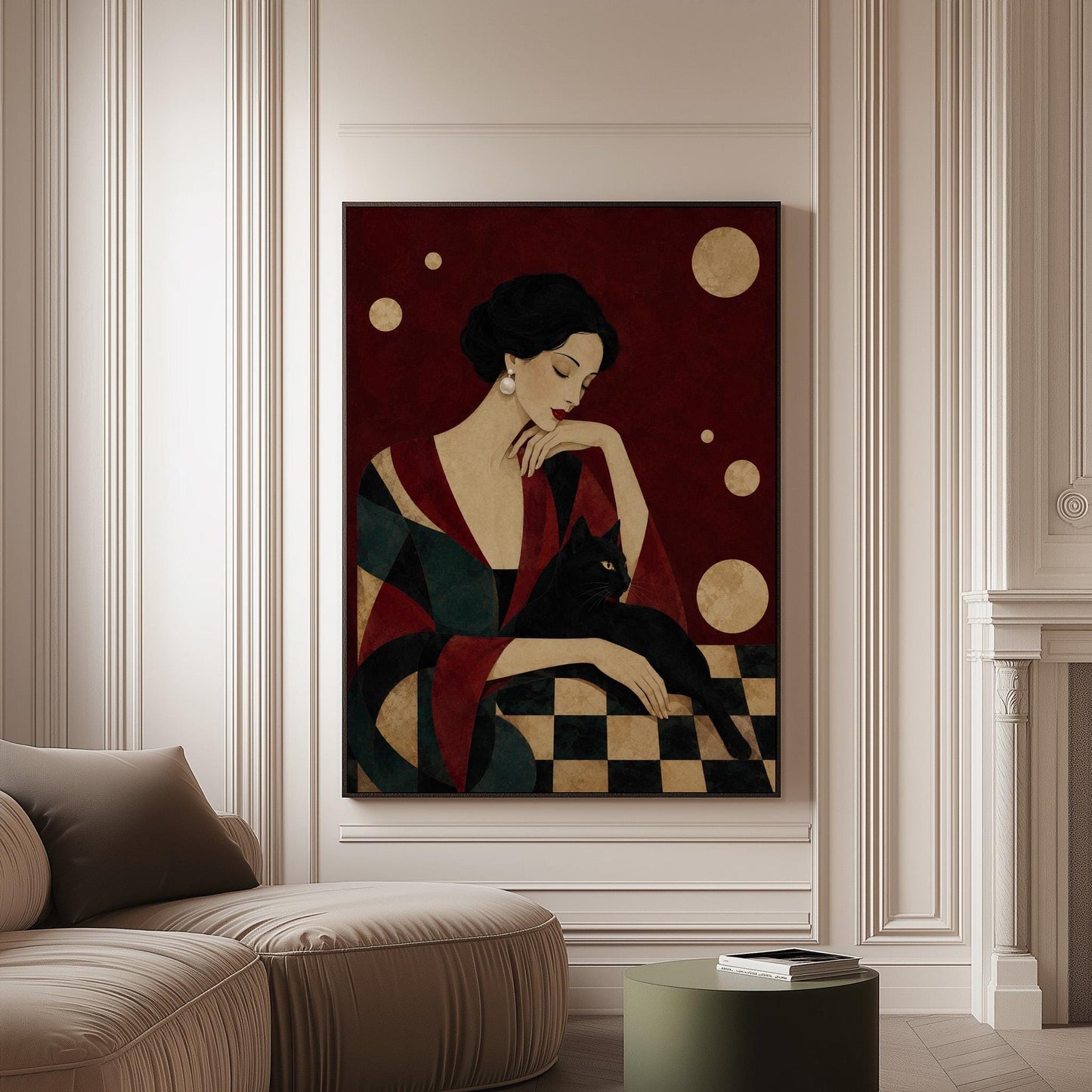 Elegant woman seated with a sleek black cat curled against her arm, canvas print on a softly lit wall in a calm interior