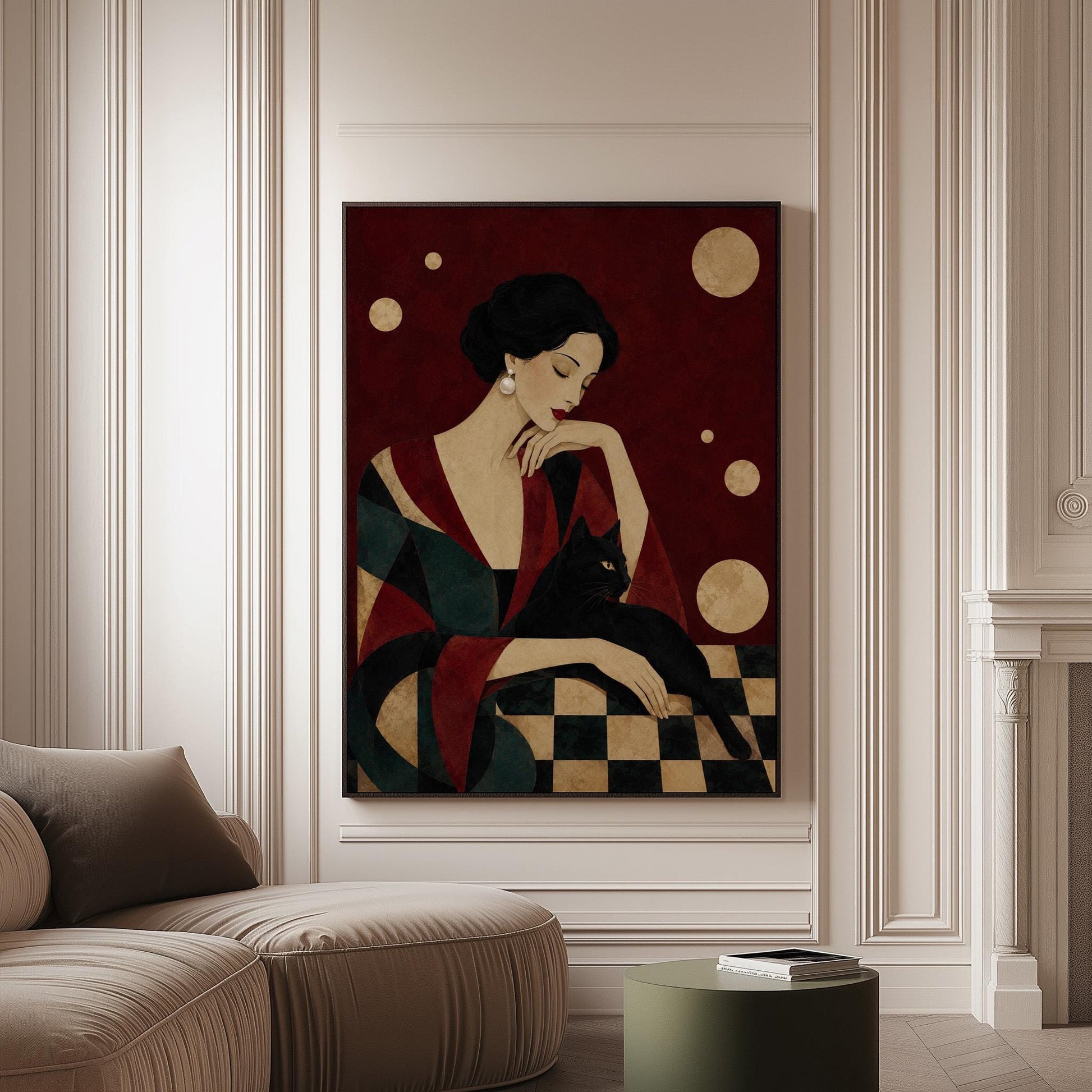 Elegant woman seated with a sleek black cat curled against her arm, canvas print on a softly lit wall in a calm interior