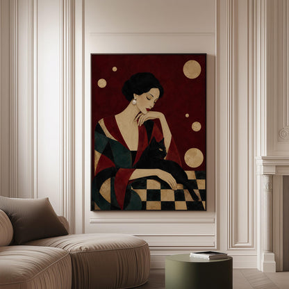 Elegant woman seated with a sleek black cat curled against her arm, canvas print on a softly lit wall in a calm interior