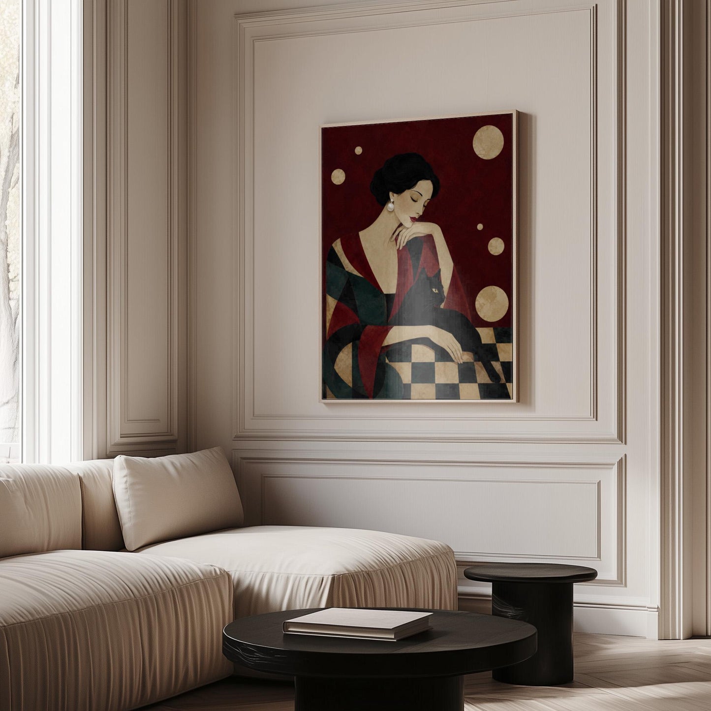 Elegant woman seated with a sleek black cat curled against her arm, canvas print presented in a light, minimal room