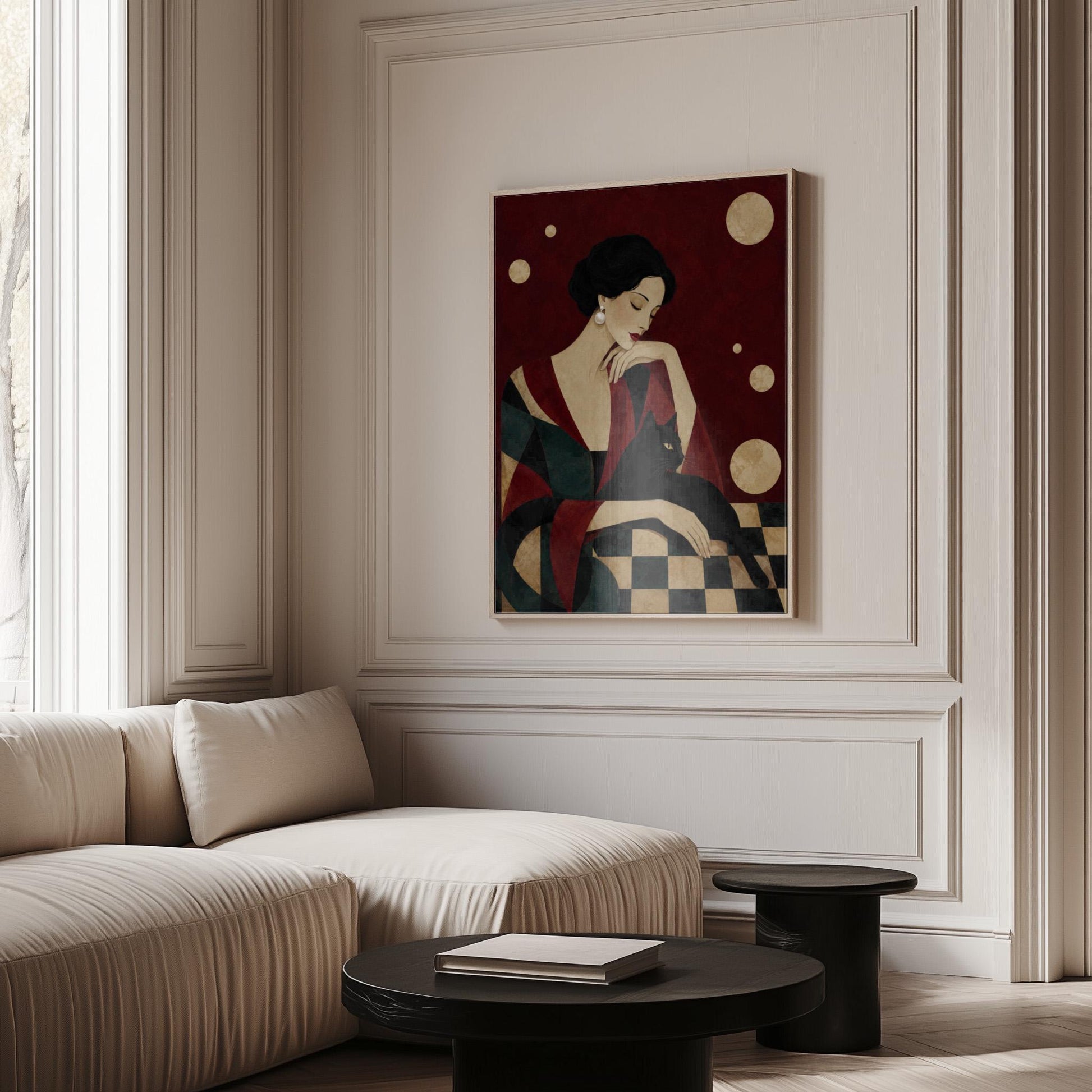 Elegant woman seated with a sleek black cat curled against her arm, canvas print presented in a light, minimal room
