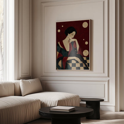 Elegant woman seated with a sleek black cat curled against her arm, canvas print presented in a light, minimal room