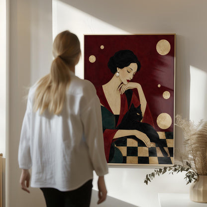 Elegant woman seated with a sleek black cat curled against her arm, canvas print displayed on a neutral wall in a styled interior