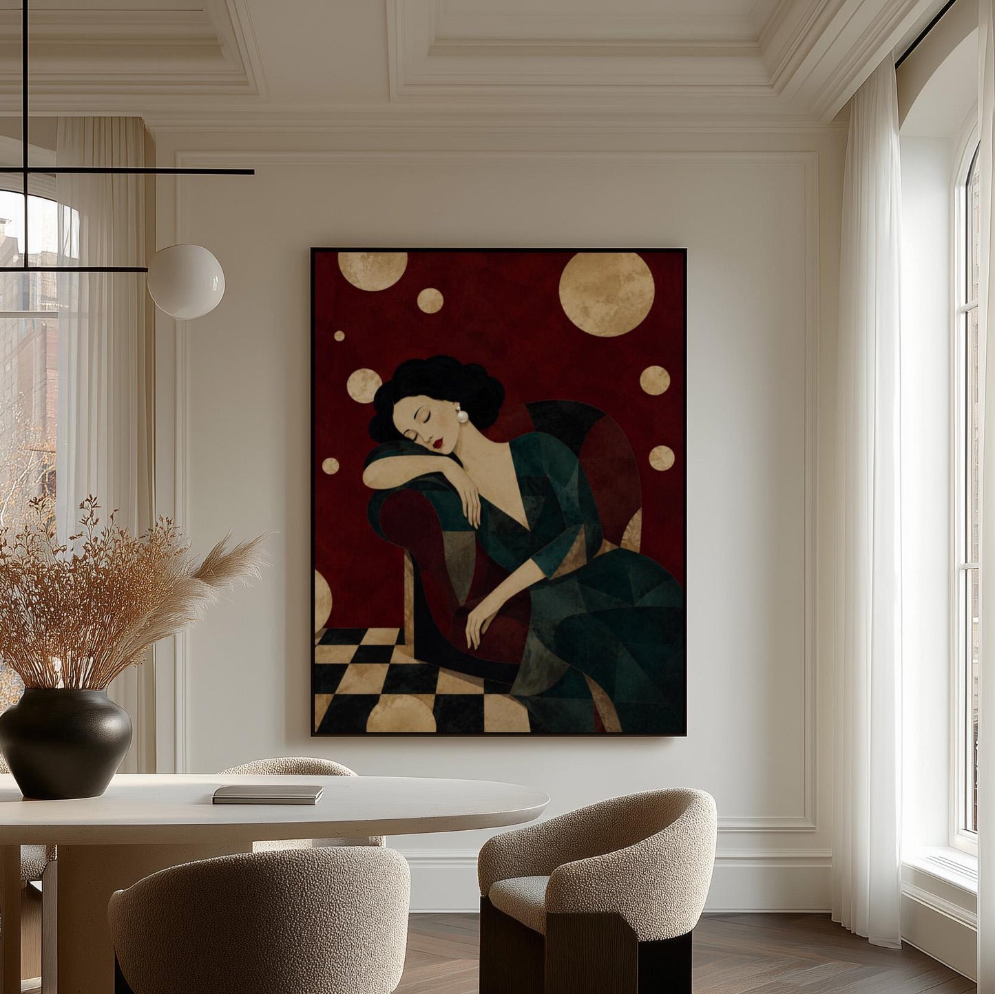 Dark haired woman asleep draped over the back of a deep red armchair, canvas print shown in a sunlit, contemporary room