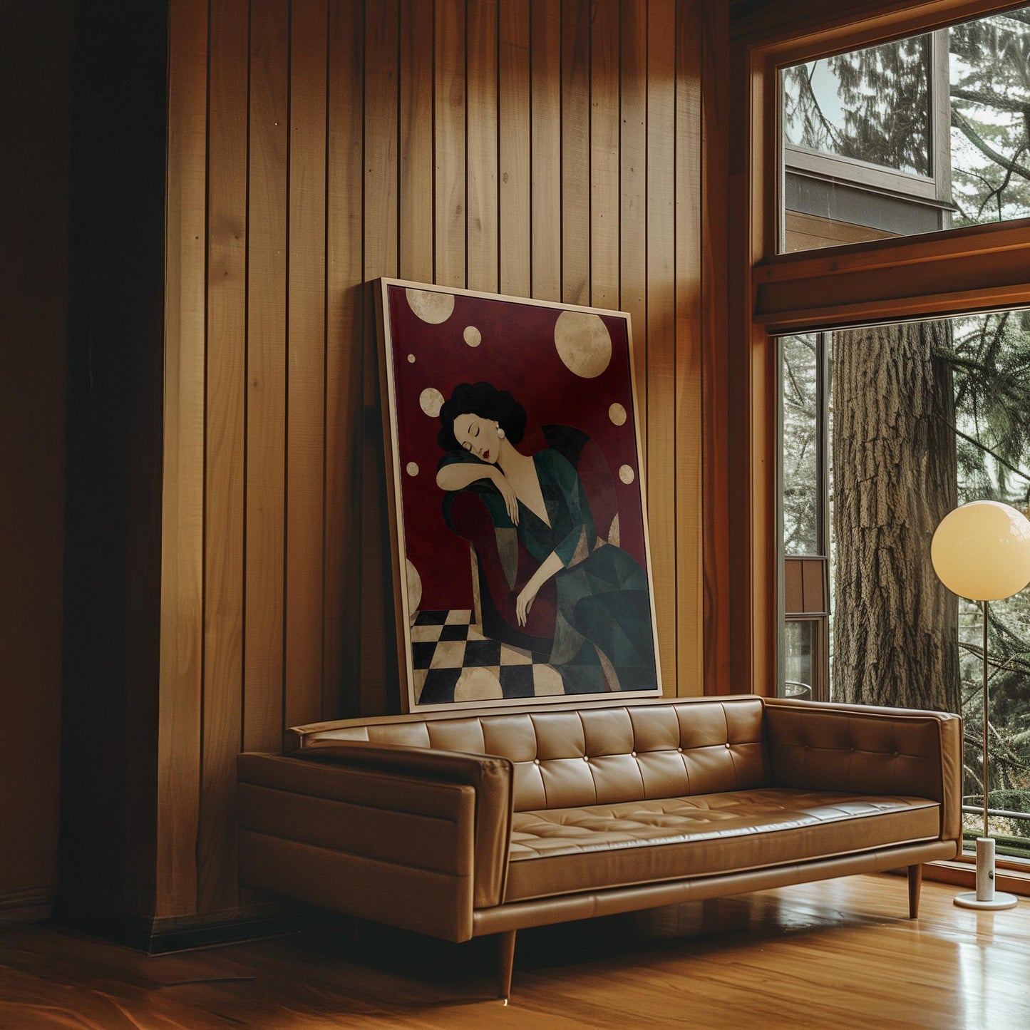 Dark haired woman asleep draped over the back of a deep red armchair, canvas wall art presented in a light, minimal room