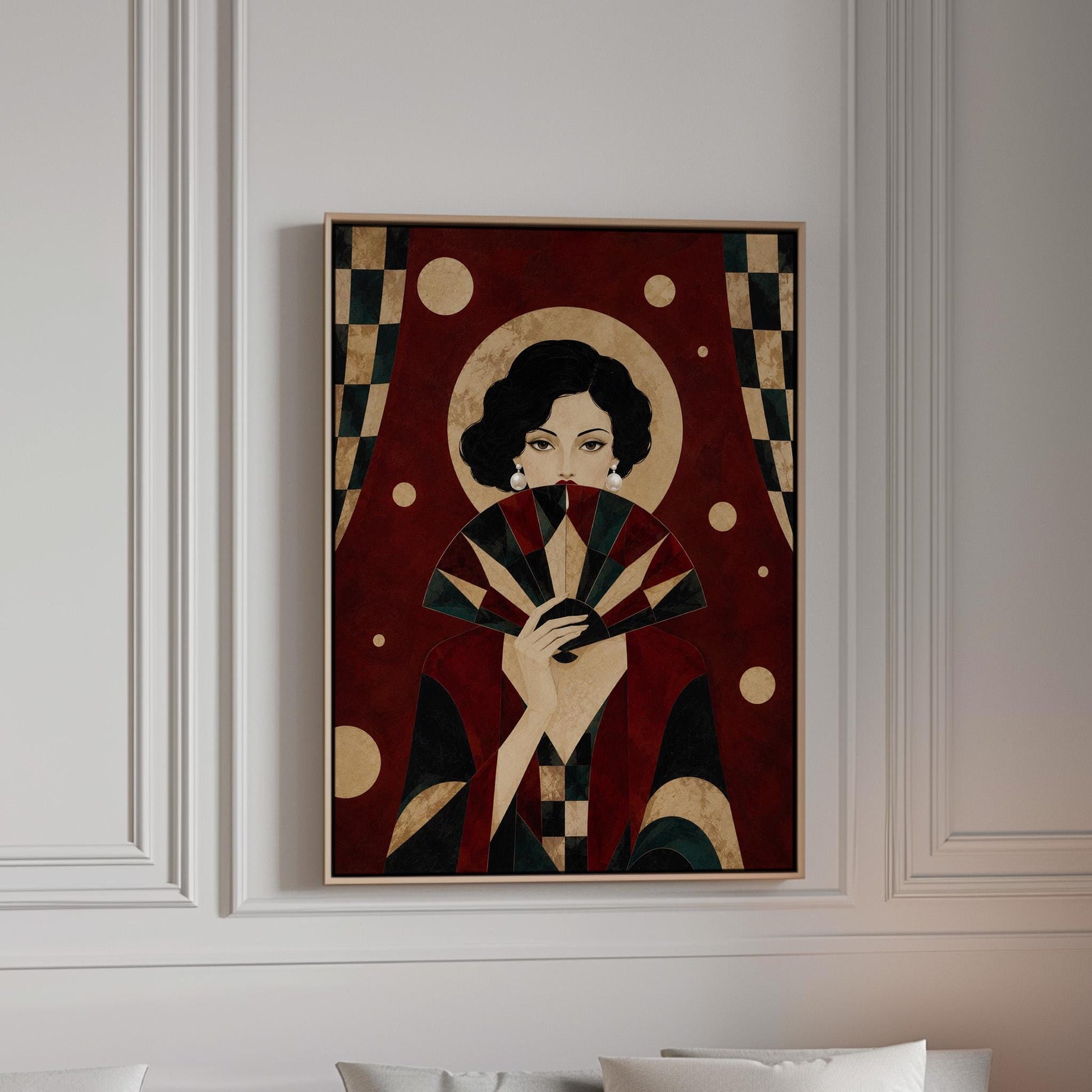 Woman holding a pleated fan to her chin inside a gold halo circle, canvas print in a bright room with natural daylight