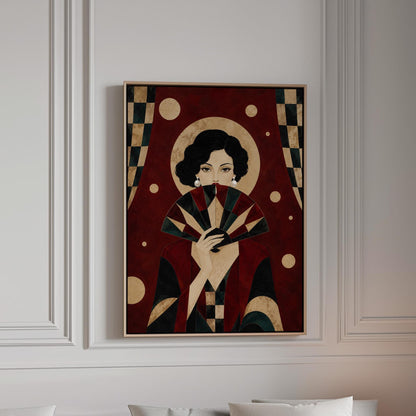 Woman holding a pleated fan to her chin inside a gold halo circle, canvas print in a bright room with natural daylight
