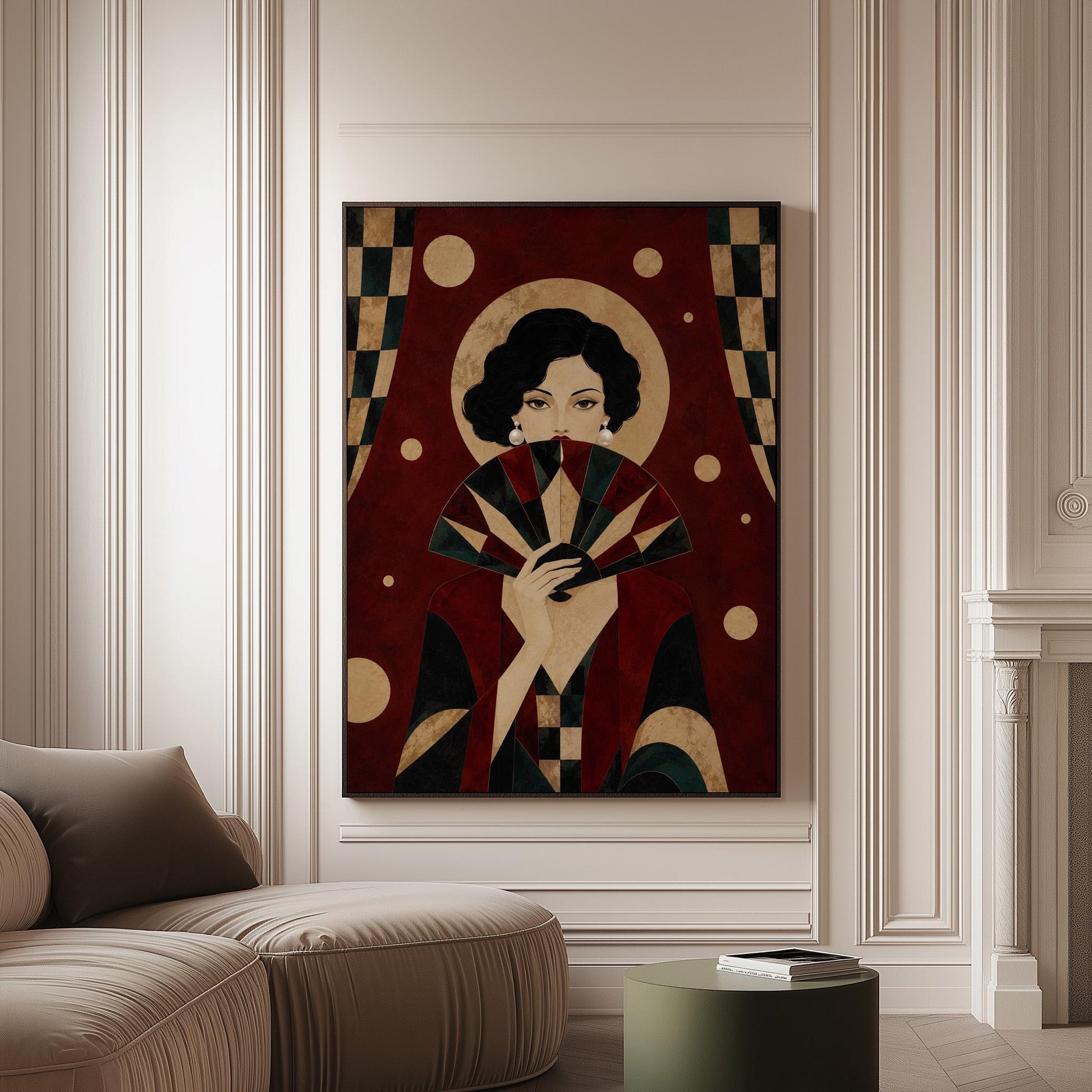 Woman holding a pleated fan to her chin inside a gold halo circle, canvas print on a softly lit wall in a calm interior