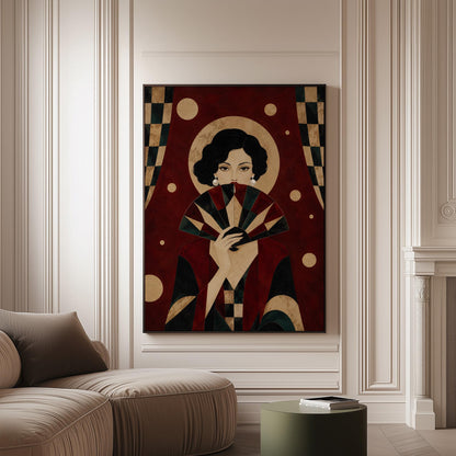 Woman holding a pleated fan to her chin inside a gold halo circle, canvas print on a softly lit wall in a calm interior
