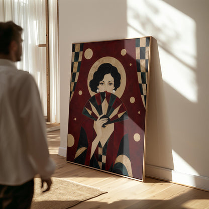 Woman holding a pleated fan to her chin inside a gold halo circle, canvas print shown to scale in a furnished room