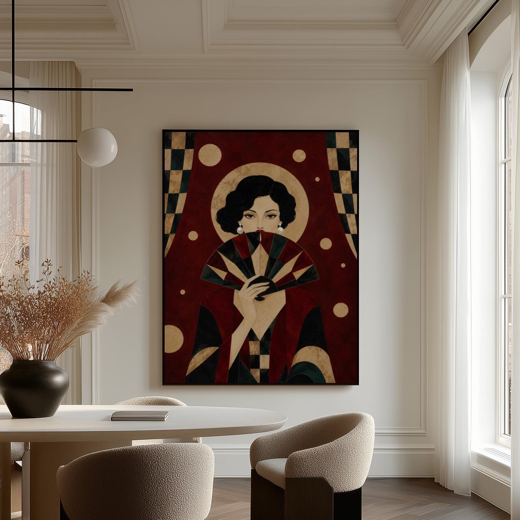 Woman holding a pleated fan to her chin inside a gold halo circle, canvas print displayed on a neutral wall in a styled interior