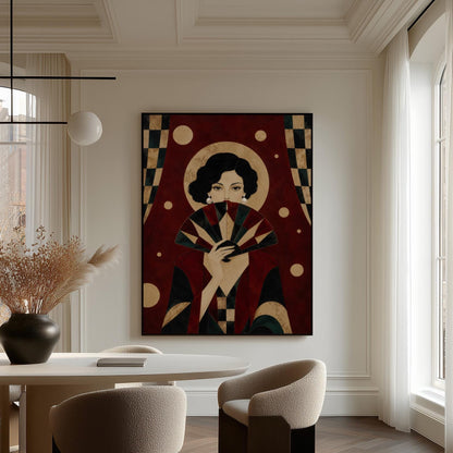 Woman holding a pleated fan to her chin inside a gold halo circle, canvas print displayed on a neutral wall in a styled interior