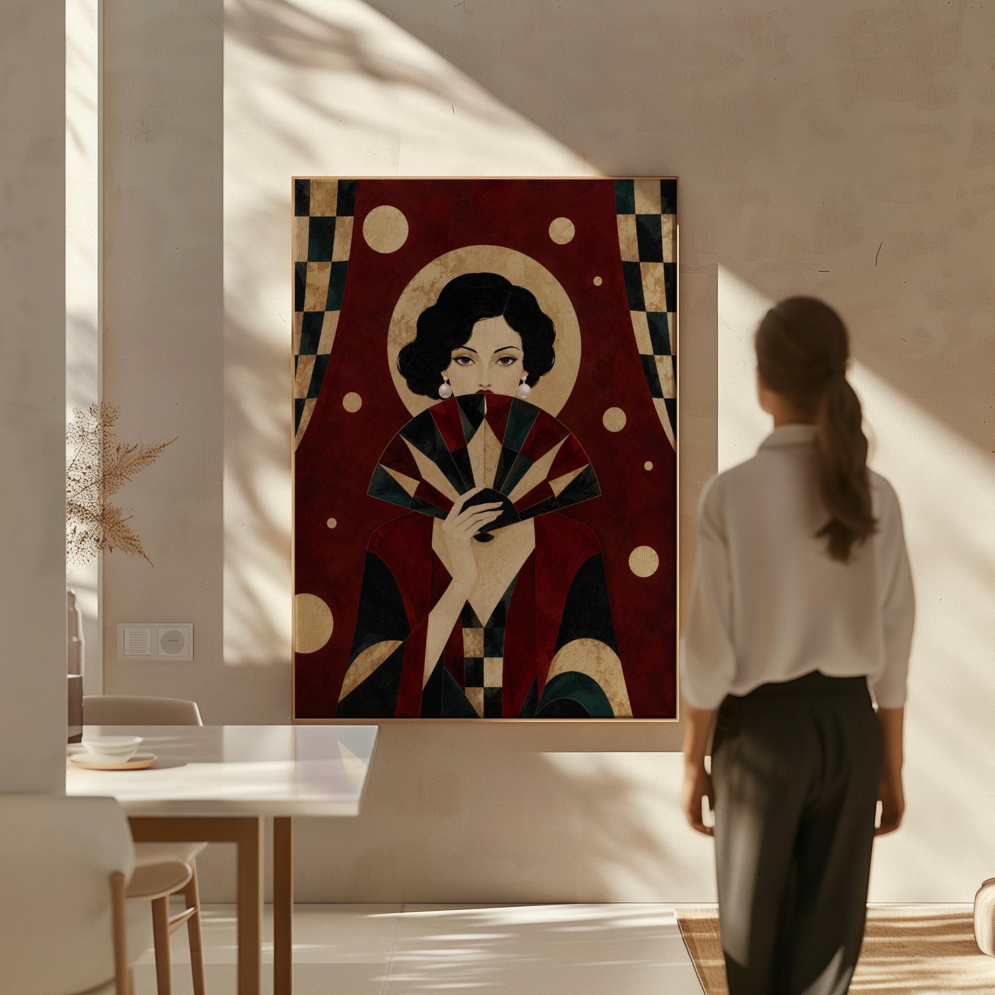 Woman holding a pleated fan to her chin inside a gold halo circle, canvas print shown in a sunlit, contemporary room