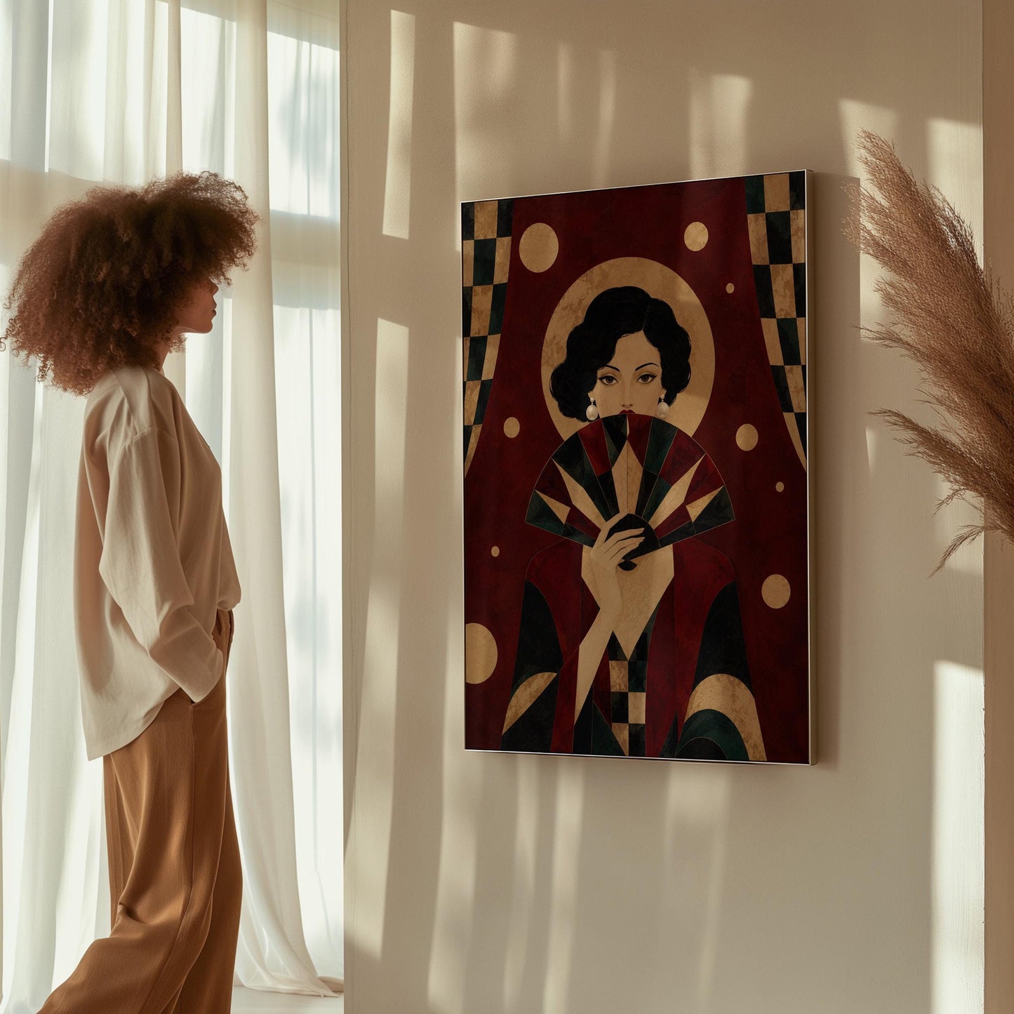Woman holding a pleated fan to her chin inside a gold halo circle, canvas wall art seen in a warm interior with natural light