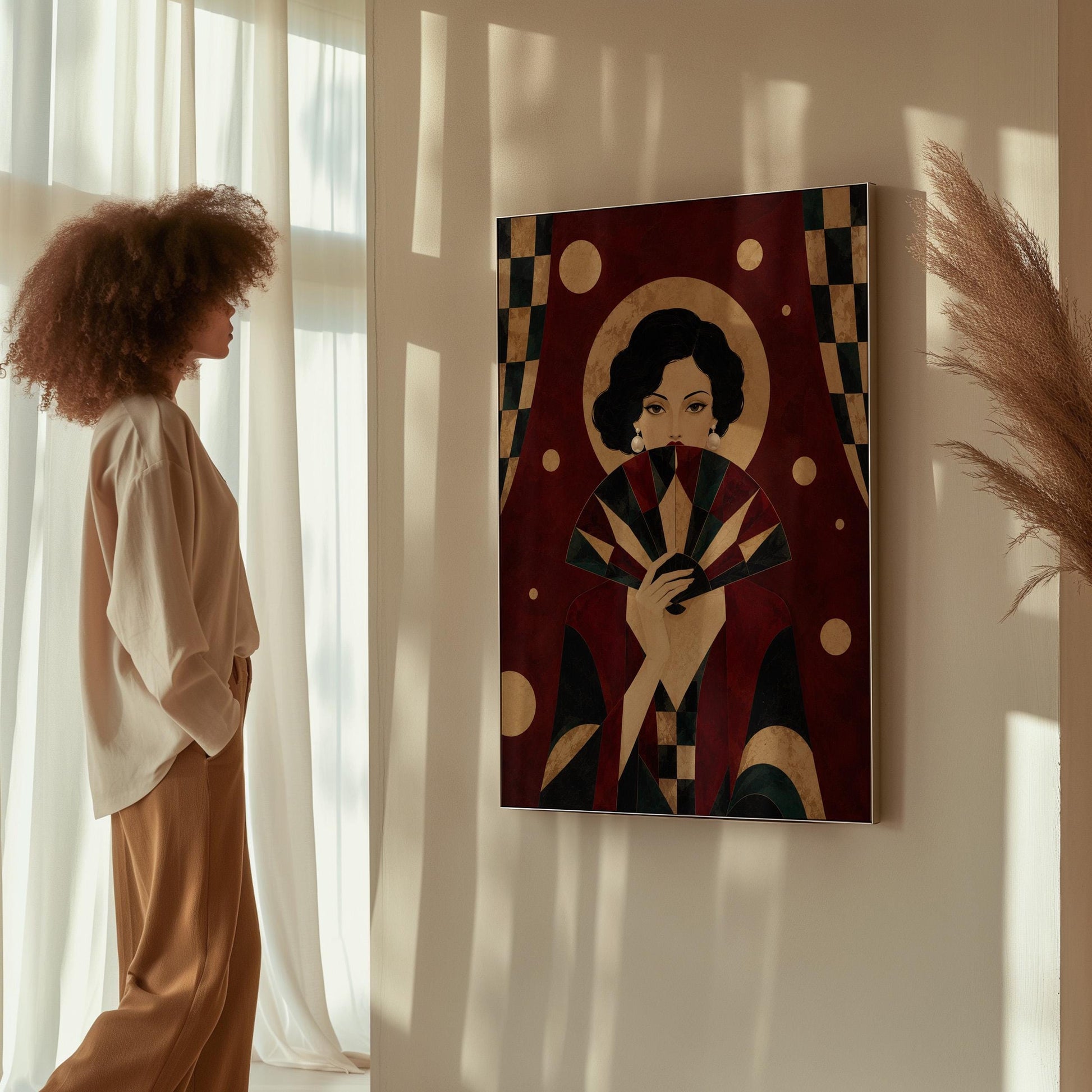 Woman holding a pleated fan to her chin inside a gold halo circle, canvas wall art seen in a warm interior with natural light
