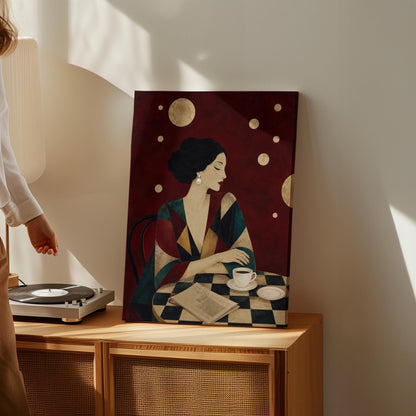 Woman at a cafe table with coffee cup and folded newspaper, canvas print styled against a soft white wall