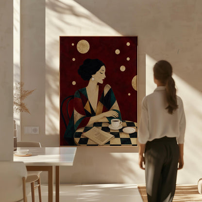 Woman at a cafe table with coffee cup and folded newspaper, canvas print shown to scale in a furnished room