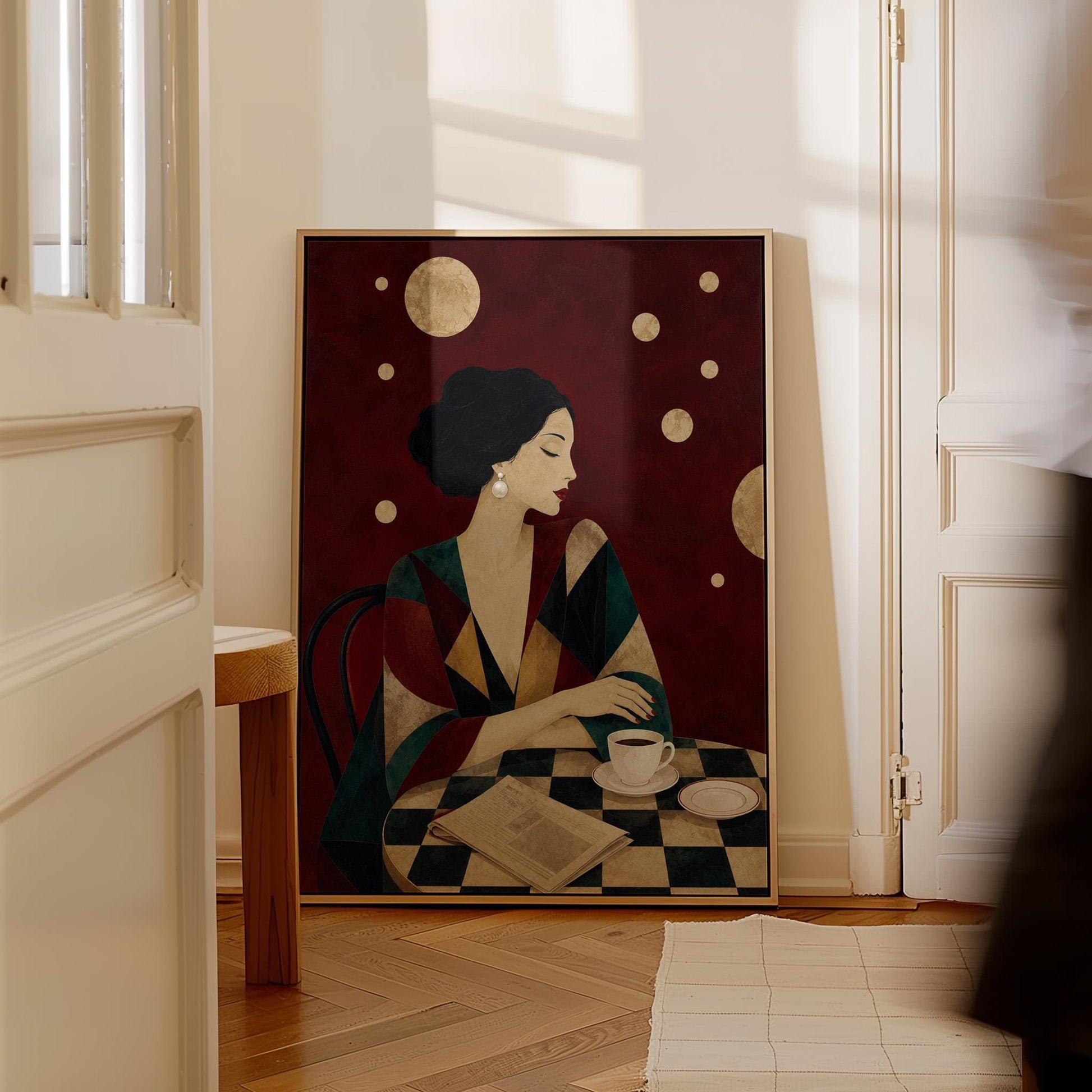 Woman at a cafe table with coffee cup and folded newspaper, canvas wall art seen in a warm interior with natural light