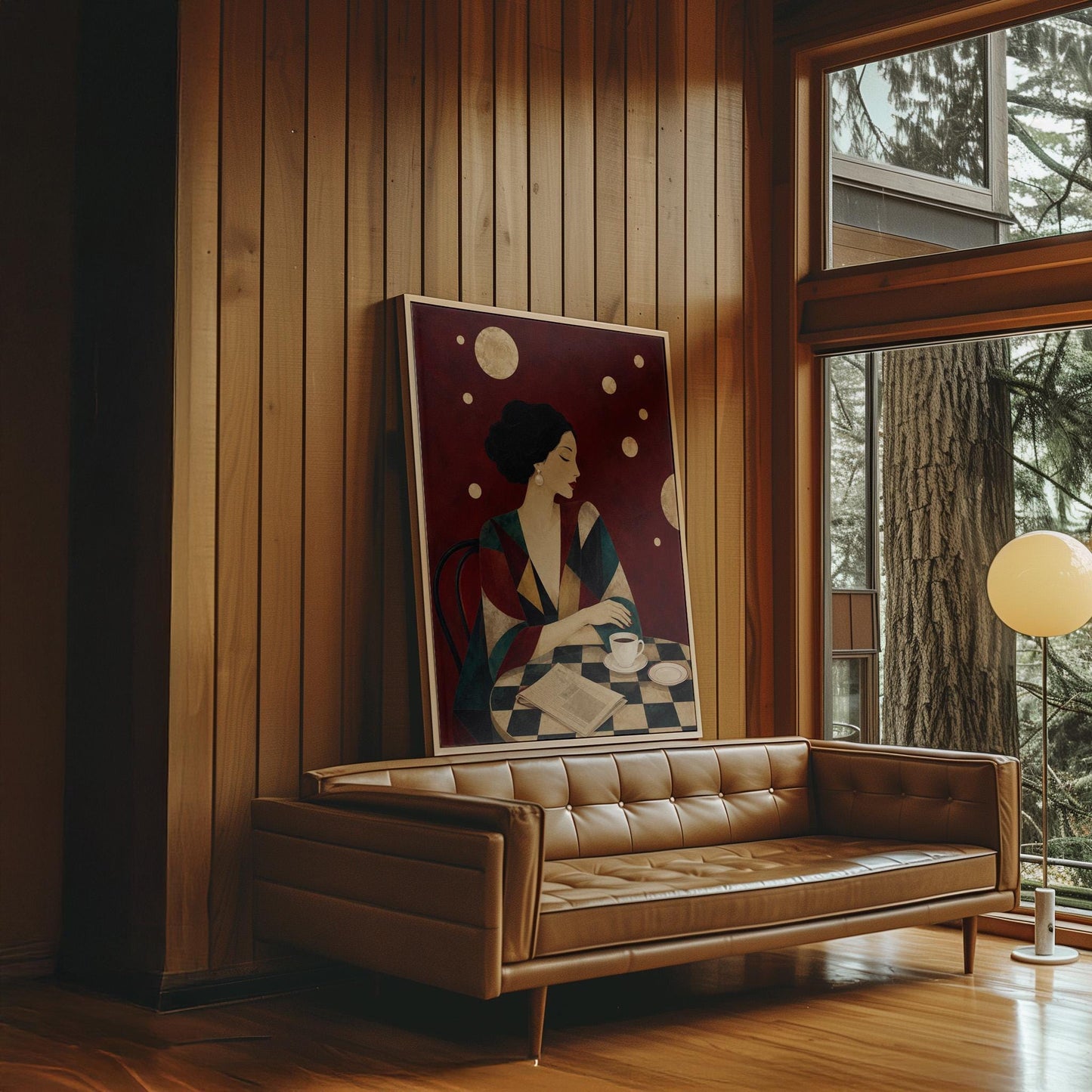 Woman at a cafe table with coffee cup and folded newspaper, canvas wall art presented in a light, minimal room