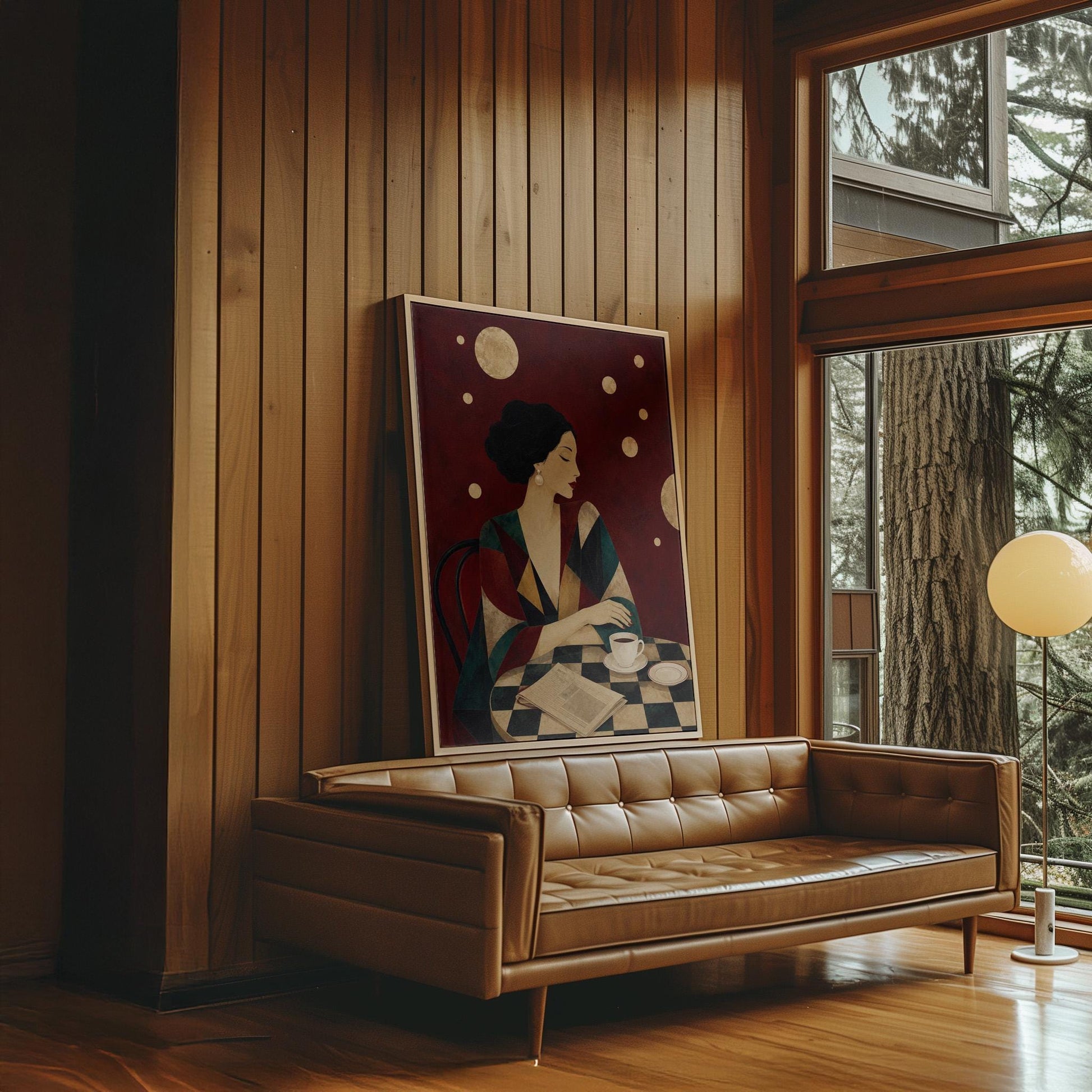 Woman at a cafe table with coffee cup and folded newspaper, canvas wall art presented in a light, minimal room