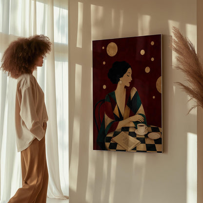 Woman at a cafe table with coffee cup and folded newspaper, canvas wall art on a quiet wall in a considered interior