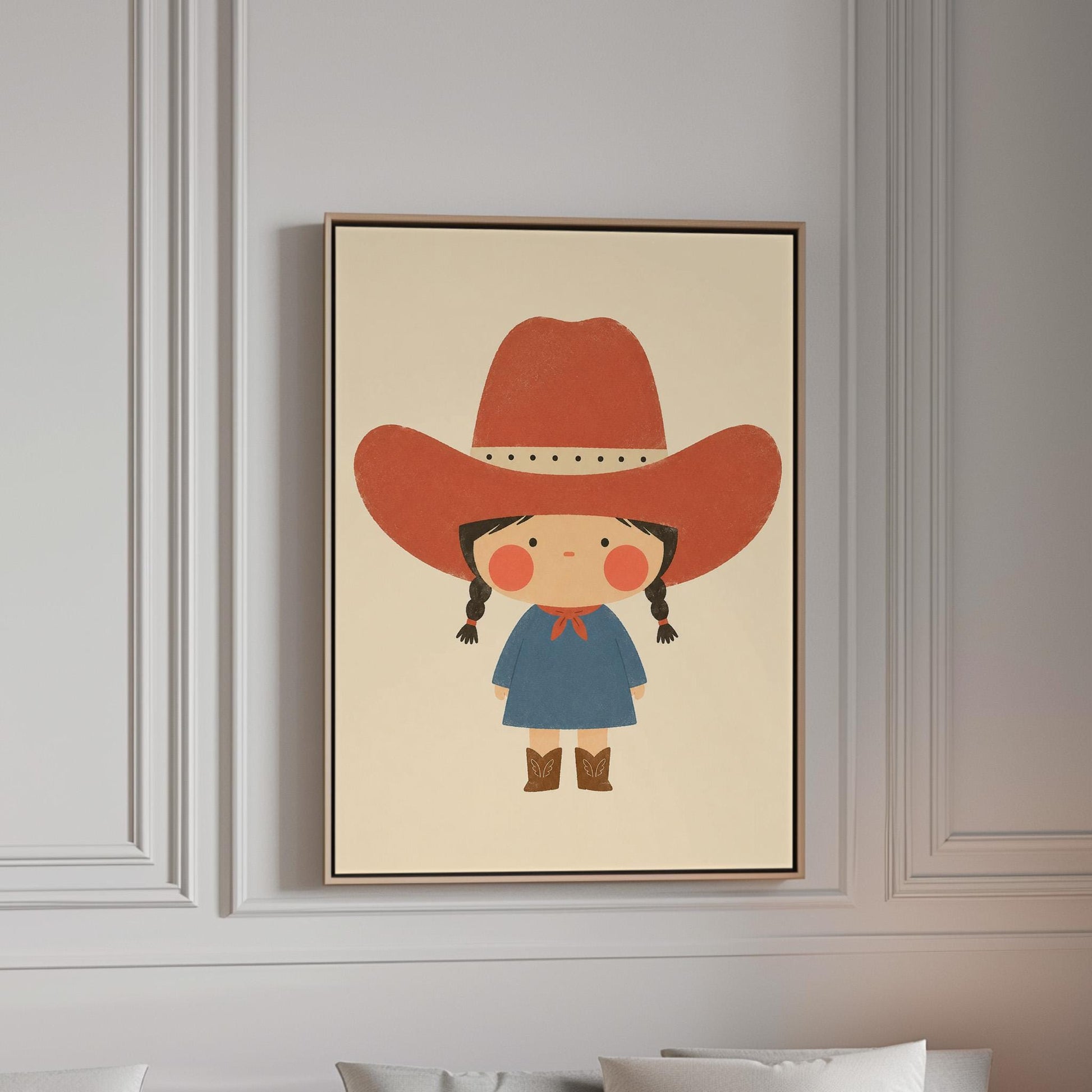 Little cowgirl with braids and rosy cheeks under an oversized red hat, canvas print in a bright room with natural daylight
