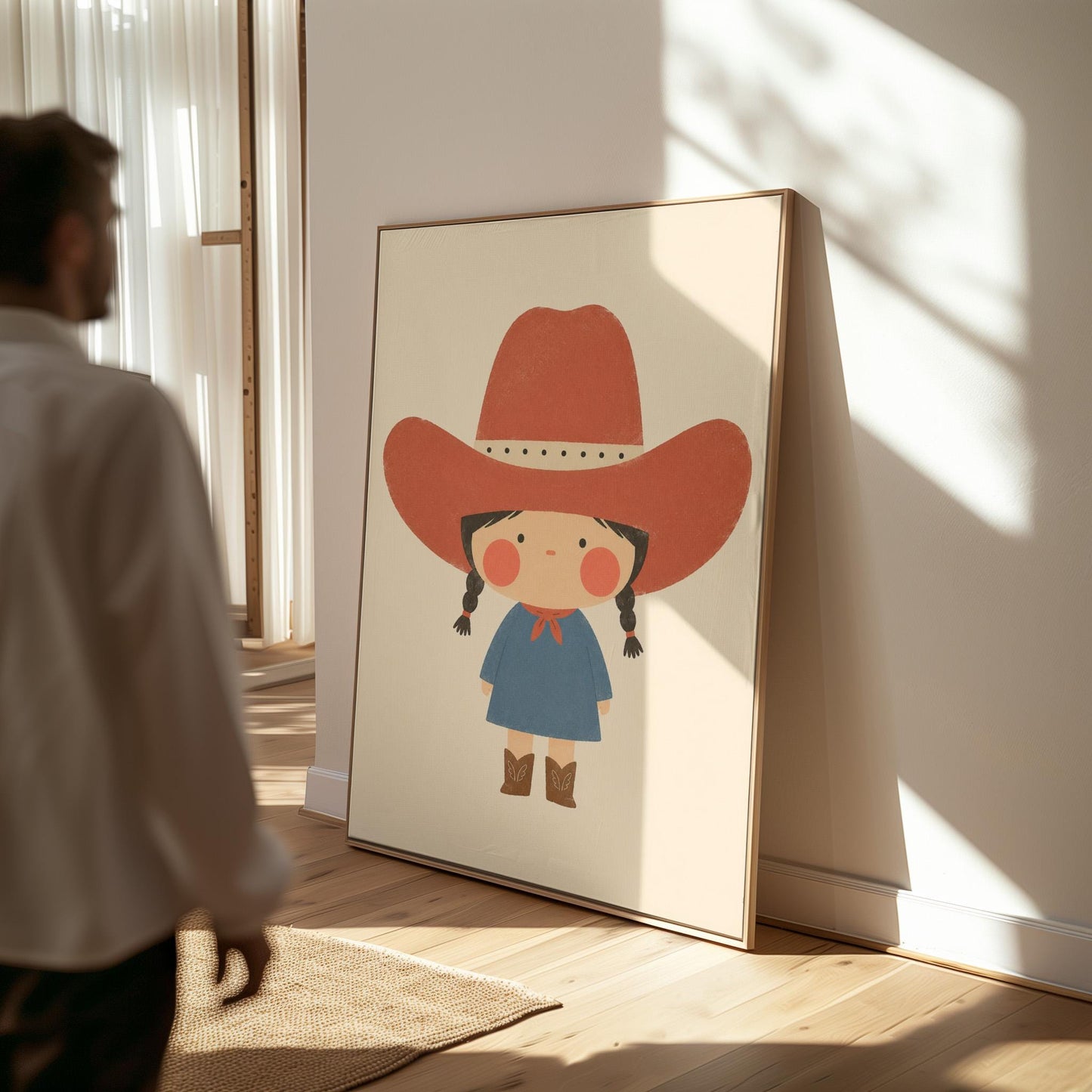 Little cowgirl with braids and rosy cheeks under an oversized red hat, canvas print hanging in a calm, modern living space