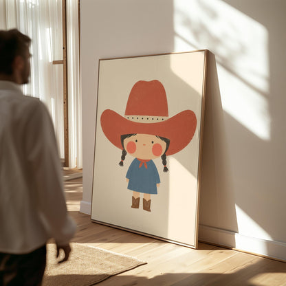 Little cowgirl with braids and rosy cheeks under an oversized red hat, canvas print hanging in a calm, modern living space