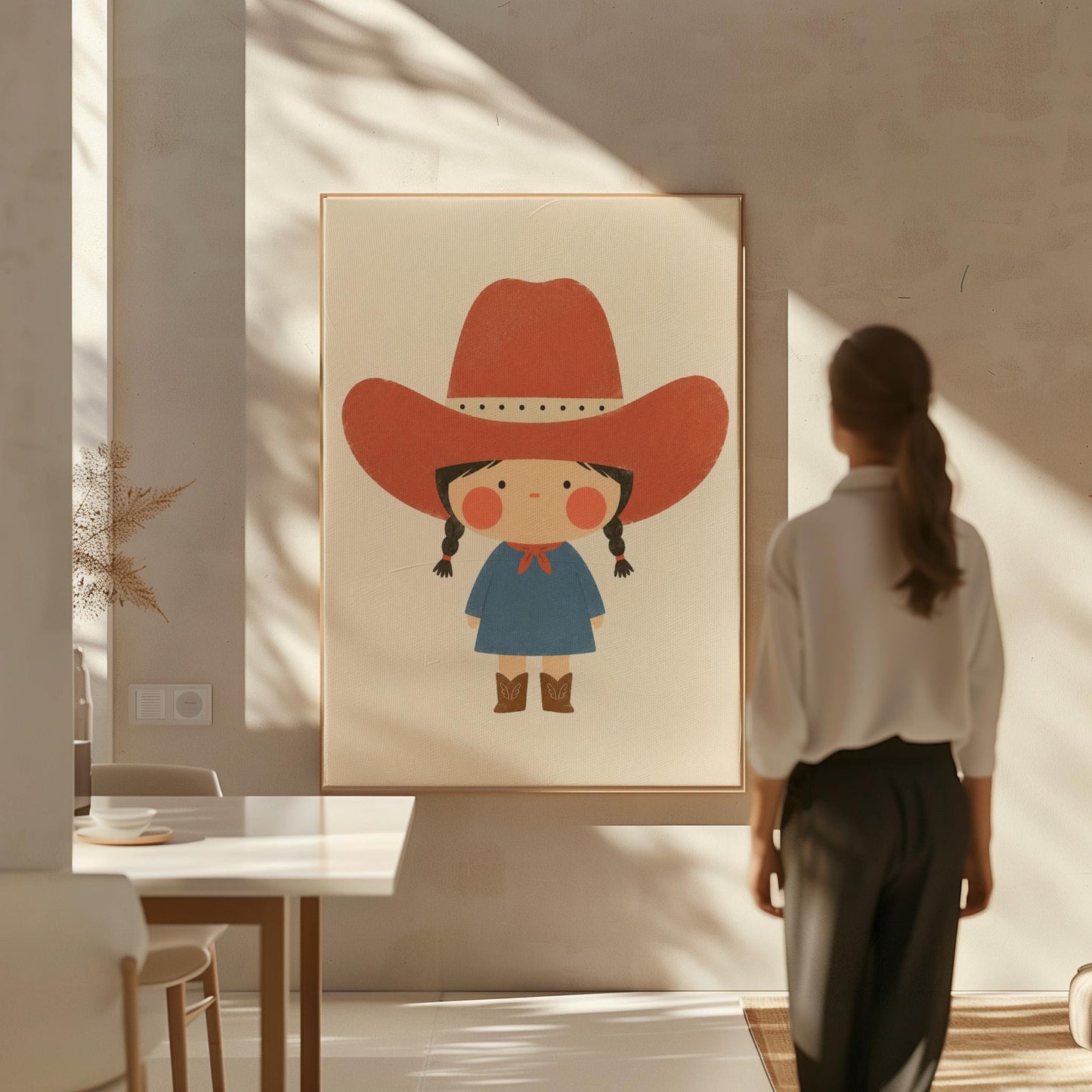 Little cowgirl with braids and rosy cheeks under an oversized red hat, canvas wall art hanging in a calm, modern living space
