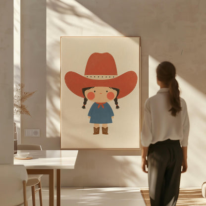 Little cowgirl with braids and rosy cheeks under an oversized red hat, canvas wall art hanging in a calm, modern living space