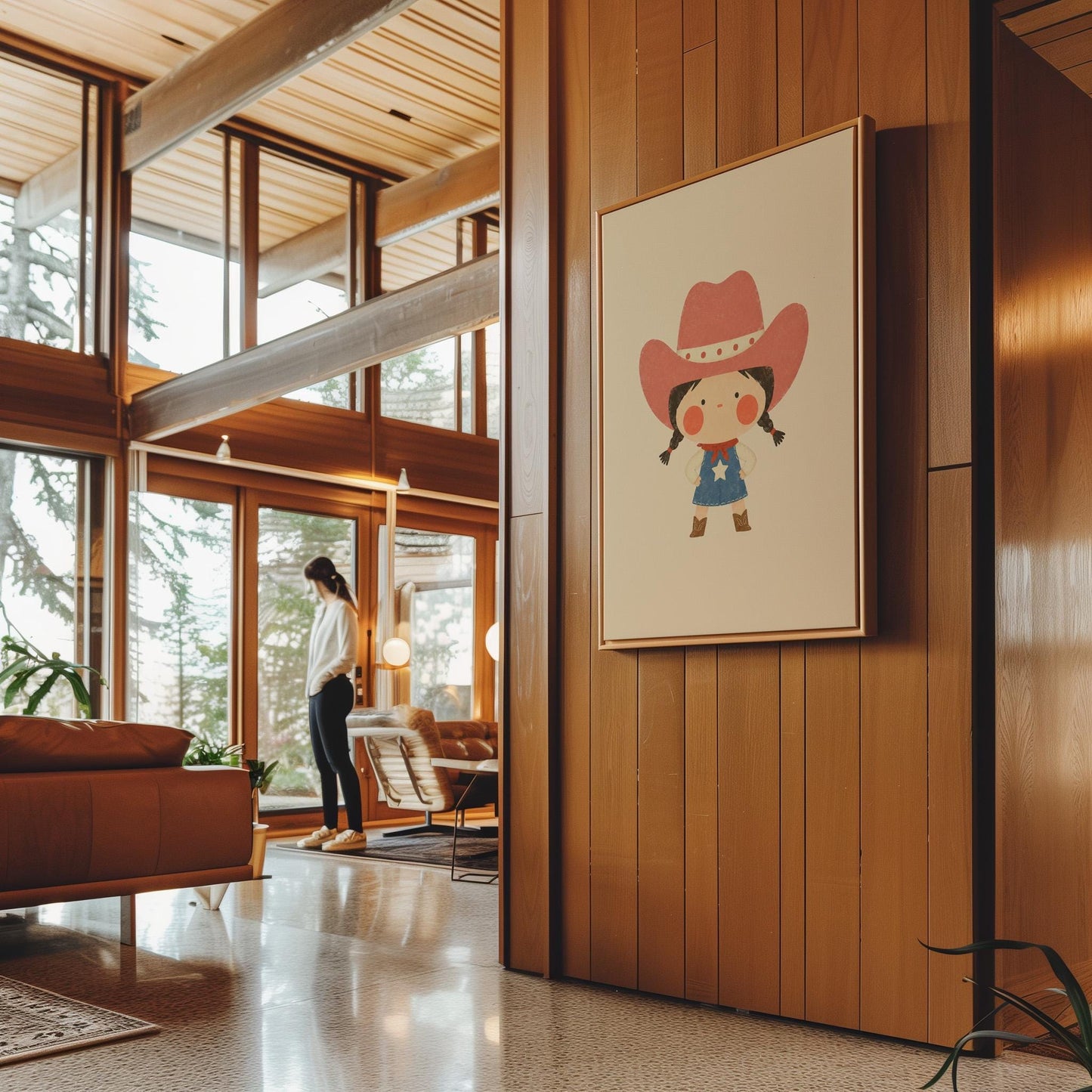 Small cowgirl in a star dress and coral hat with hands on hips, canvas print seen in a warm interior with natural light