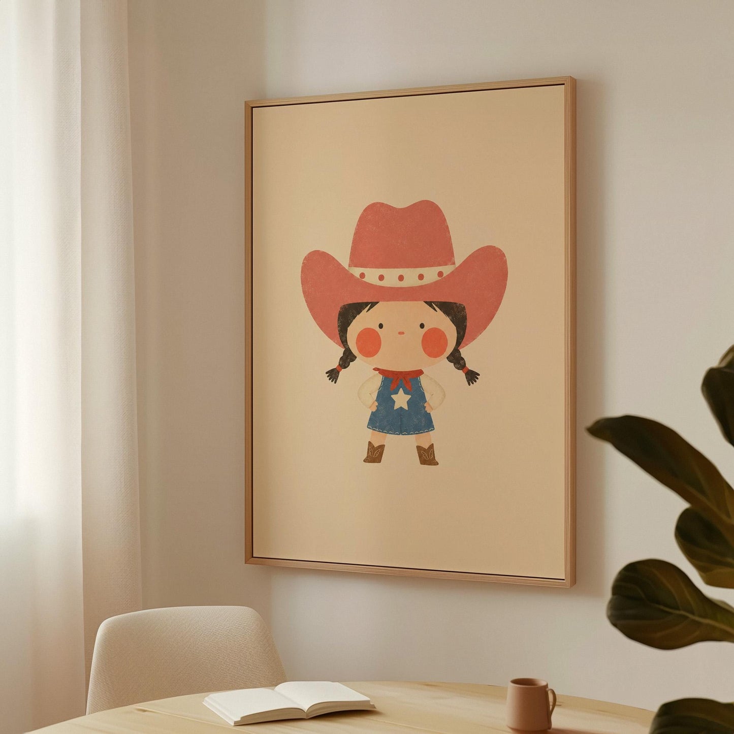 Small cowgirl in a star dress and coral hat with hands on hips, canvas print on a quiet wall in a considered interior
