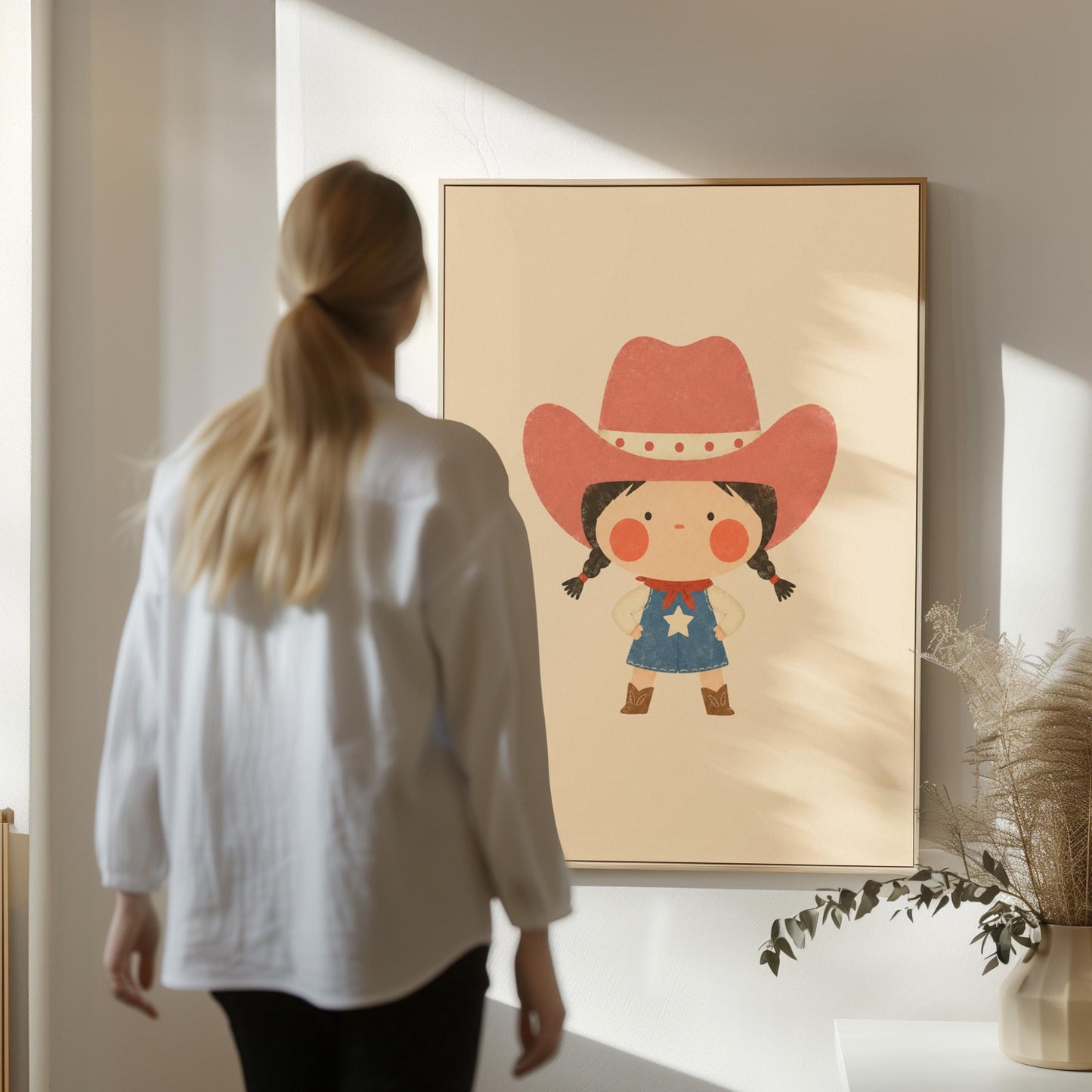 Small cowgirl in a star dress and coral hat with hands on hips, canvas print shown in a sunlit, contemporary room
