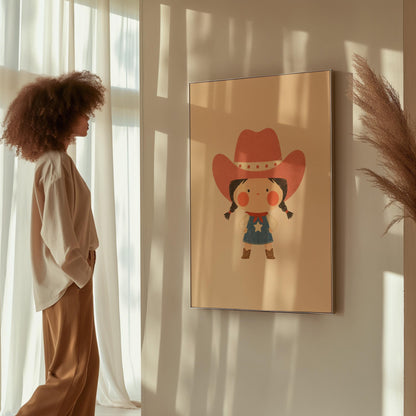 Small cowgirl in a star dress and coral hat with hands on hips, canvas wall art hanging in a calm, modern living space