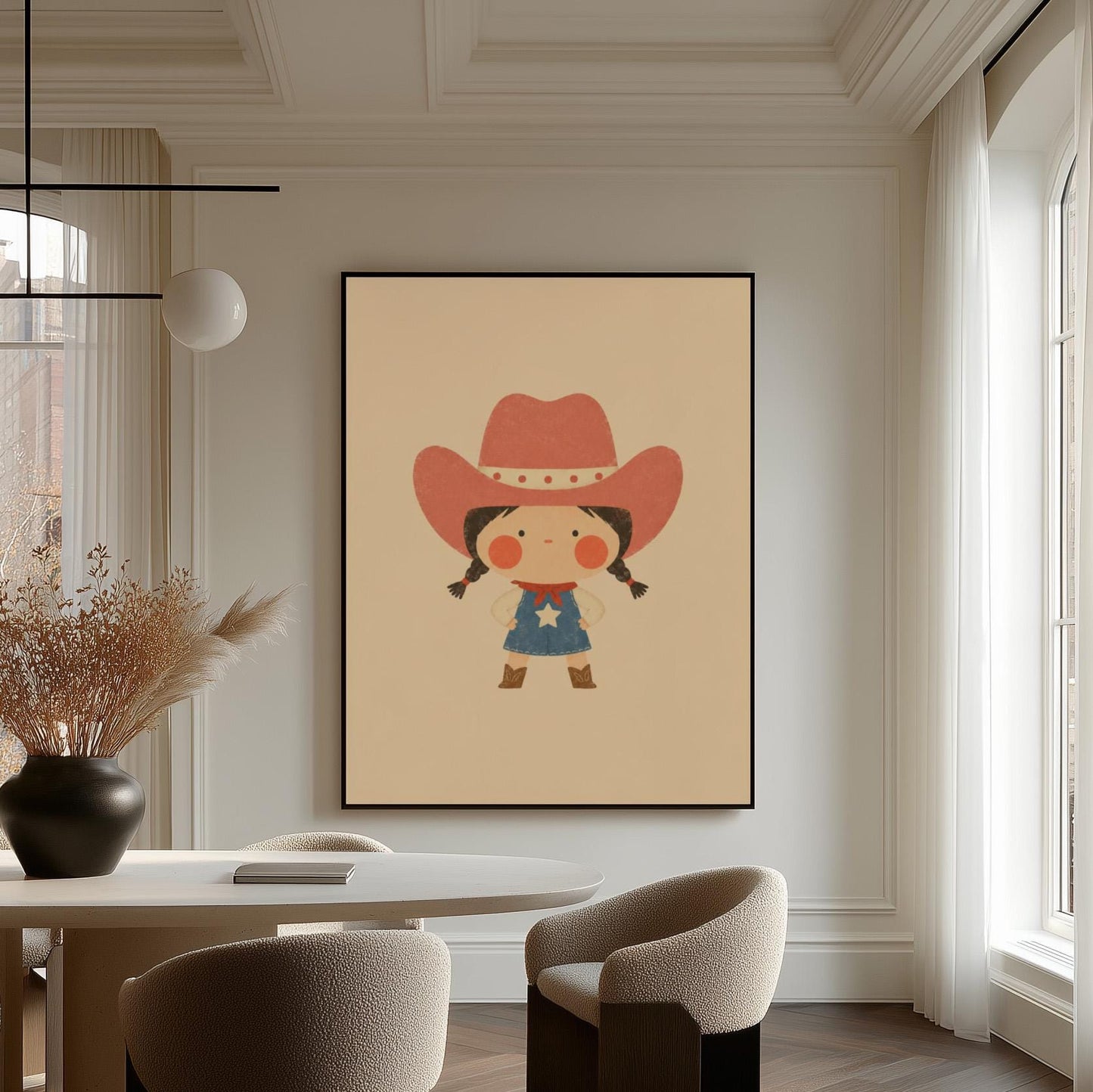 Small cowgirl in a star dress and coral hat with hands on hips, canvas wall art styled against a soft white wall
