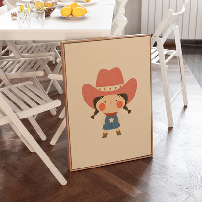 Small cowgirl in a star dress and coral hat with hands on hips, canvas wall art on a quiet wall in a considered interior