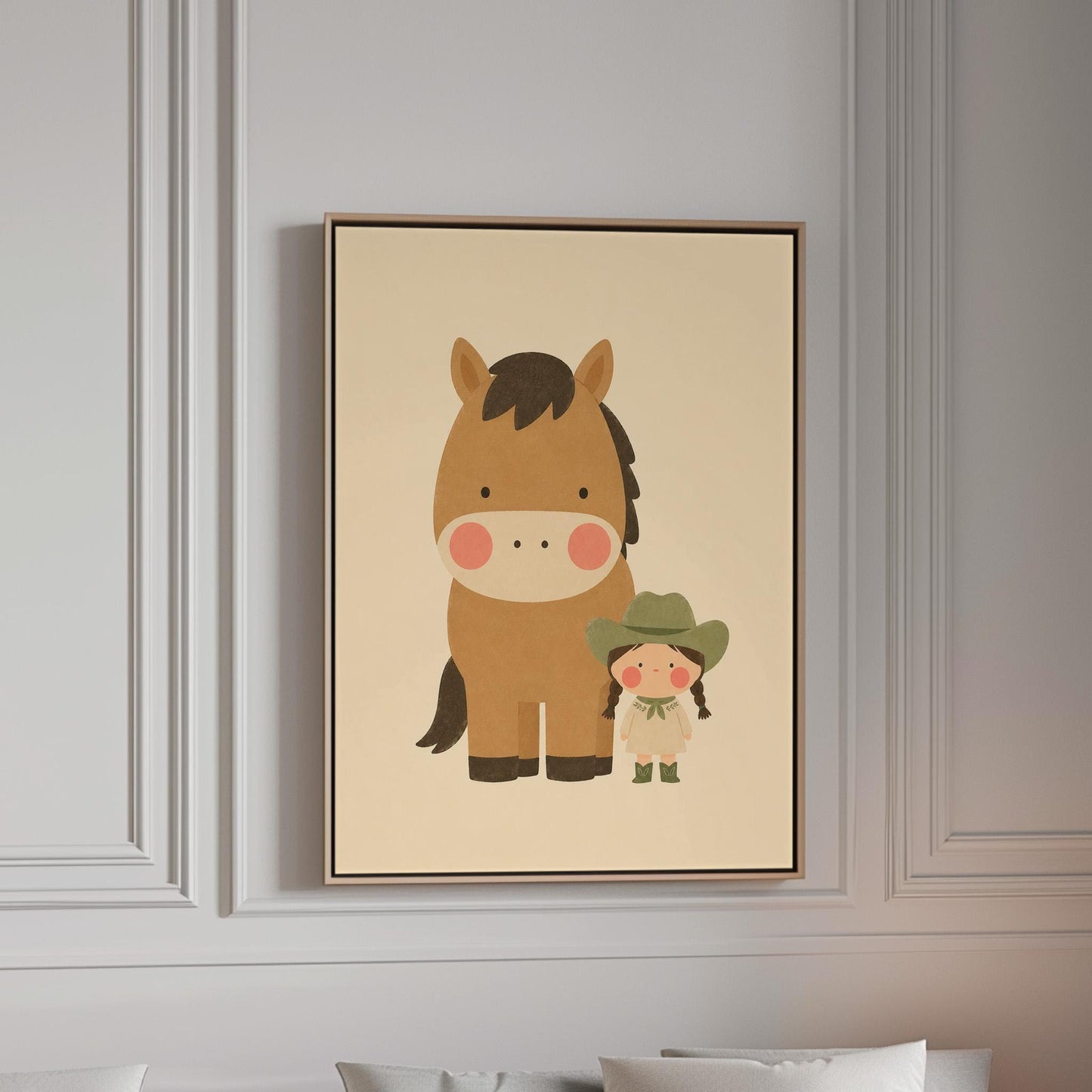Brown pony standing beside a tiny cowgirl in a green hat, canvas print in a bright room with natural daylight