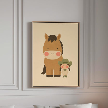 Brown pony standing beside a tiny cowgirl in a green hat, canvas print in a bright room with natural daylight