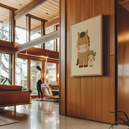 Brown pony standing beside a tiny cowgirl in a green hat, canvas print hanging in a calm, modern living space