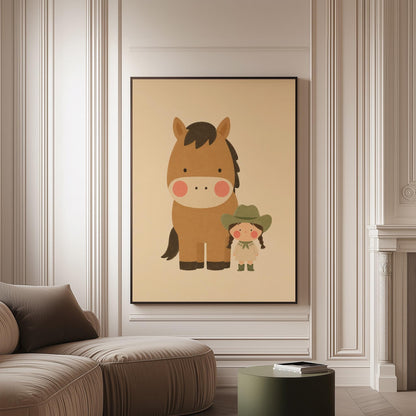 Brown pony standing beside a tiny cowgirl in a green hat, canvas print on a softly lit wall in a calm interior