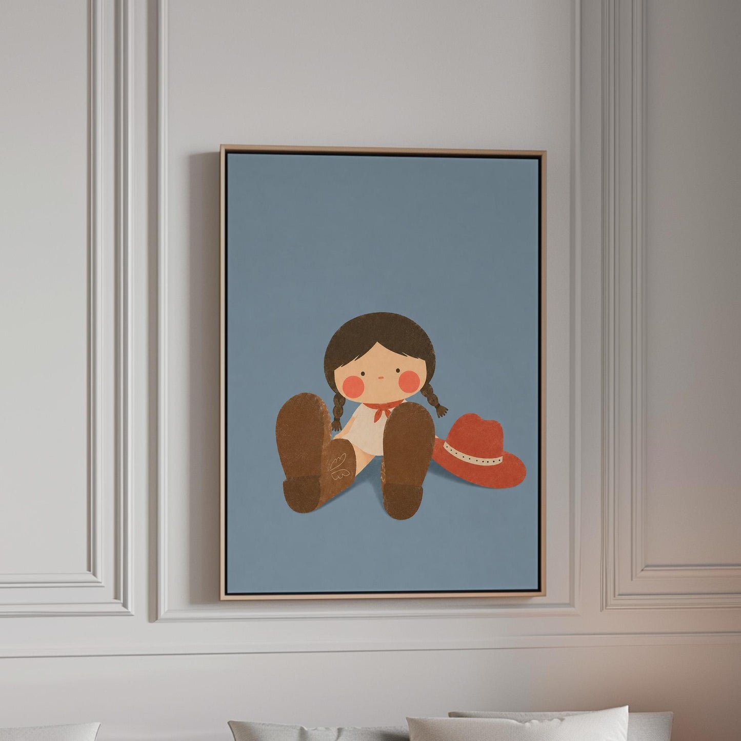 Little cowgirl sitting with big brown boots and a red hat, canvas print in a bright room with natural daylight