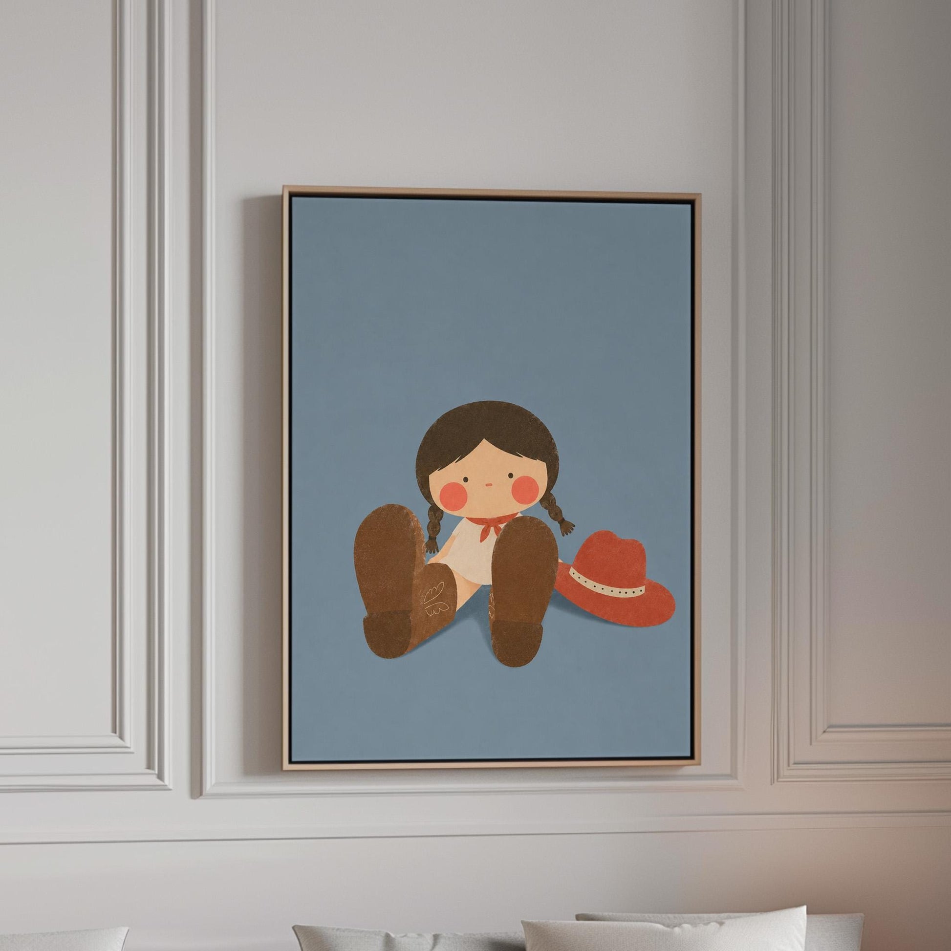 Little cowgirl sitting with big brown boots and a red hat, canvas print in a bright room with natural daylight