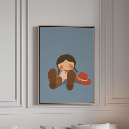 Little cowgirl sitting with big brown boots and a red hat, canvas print in a bright room with natural daylight