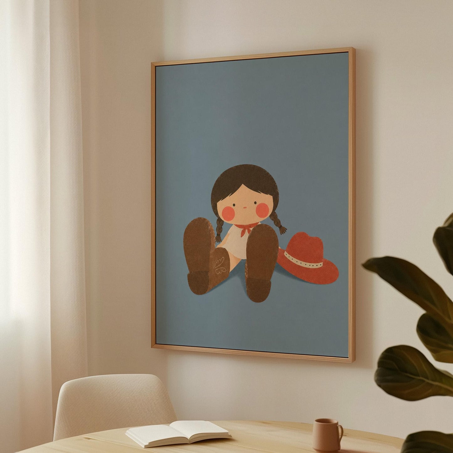 Little cowgirl sitting with big brown boots and a red hat, canvas print styled against a soft white wall