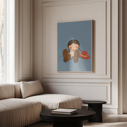 Little cowgirl sitting with big brown boots and a red hat, canvas print on a quiet wall in a considered interior