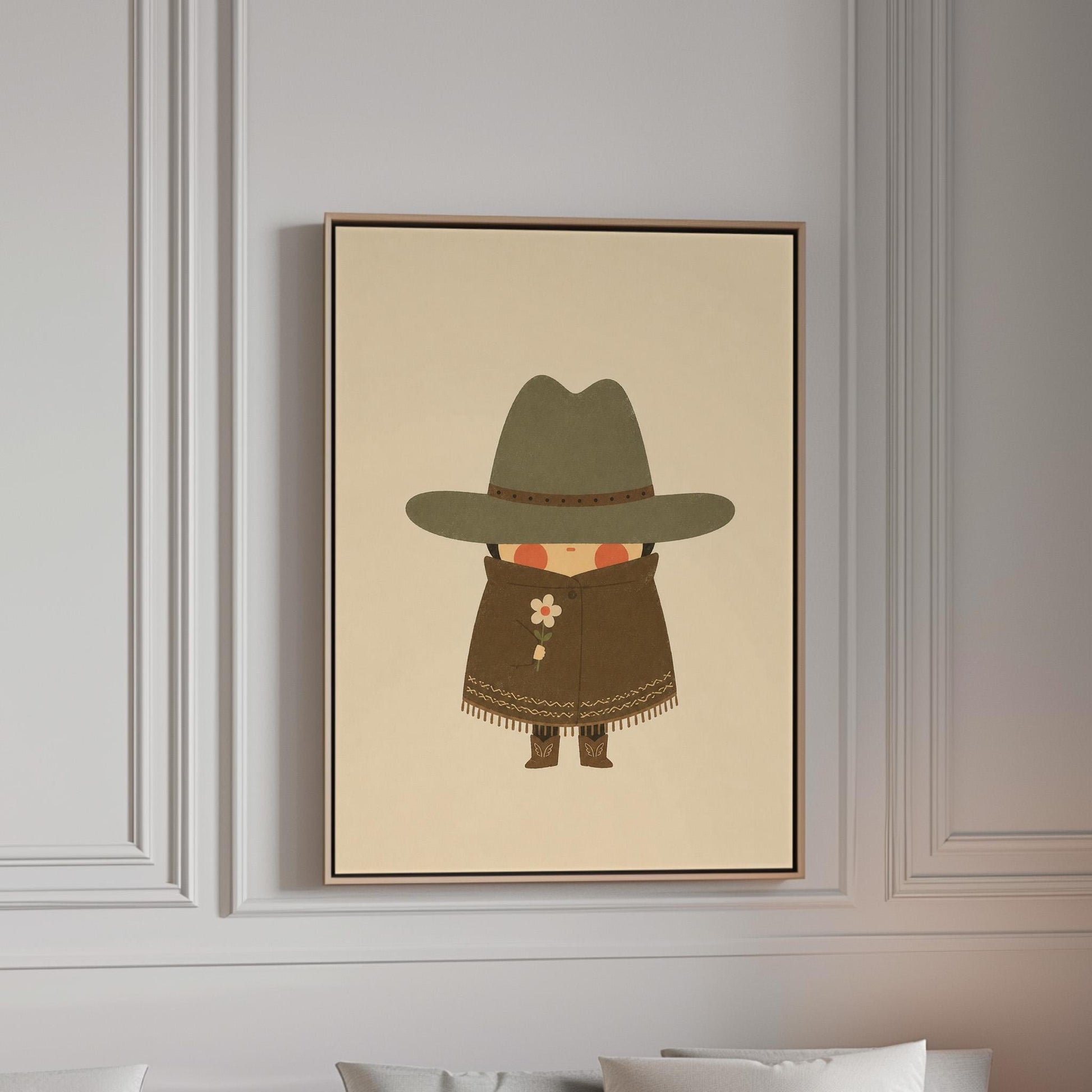 Tiny cowboy in a wide hat and fringed coat holding a daisy, canvas print in a bright room with natural daylight