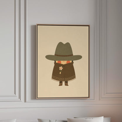 Tiny cowboy in a wide hat and fringed coat holding a daisy, canvas print in a bright room with natural daylight