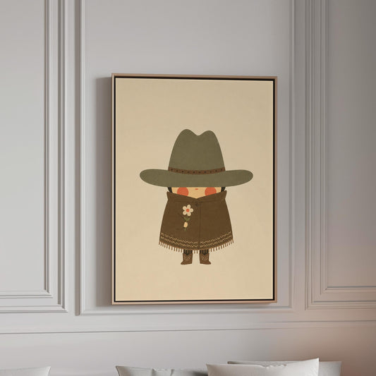 Tiny cowboy in a wide hat and fringed coat holding a daisy, canvas print in a bright room with natural daylight