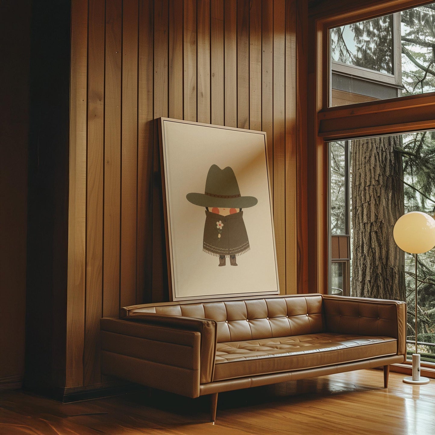 Tiny cowboy in a wide hat and fringed coat holding a daisy, canvas print on a quiet wall in a considered interior