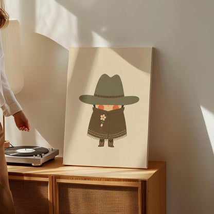 Tiny cowboy in a wide hat and fringed coat holding a daisy, canvas print shown to scale in a furnished room